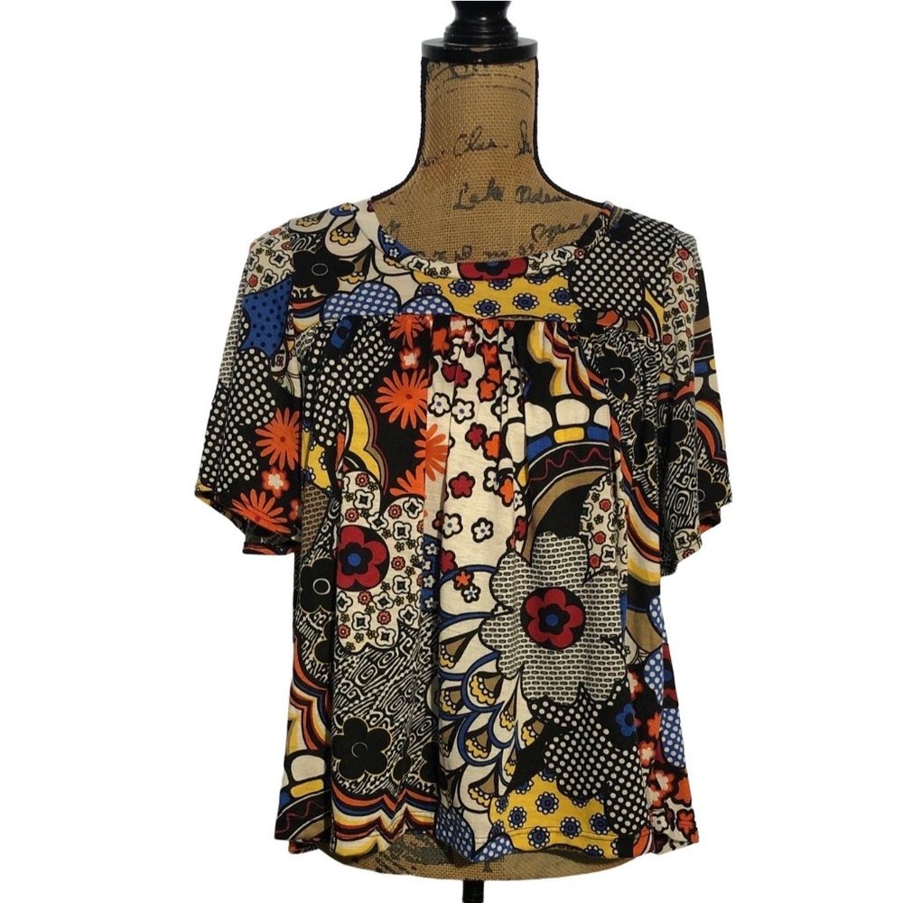 Karlie‎ S Top Blue Yellow Orange Abstract Multicolor Floral Print Short Sl Artsy
